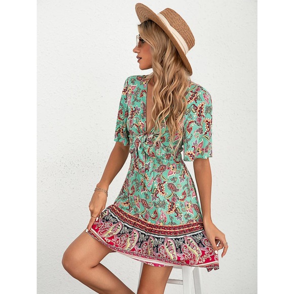 Paisley Floral Print Tie Front Flutter Sleeve Ruffle Hem Dress boho - Picture 5 of 6